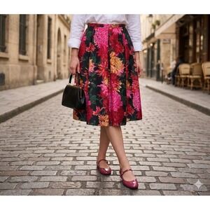 80s Talbots Petites Pure Silk Floral Pleated Midi Skirt 10P Pink Coquette Vtg